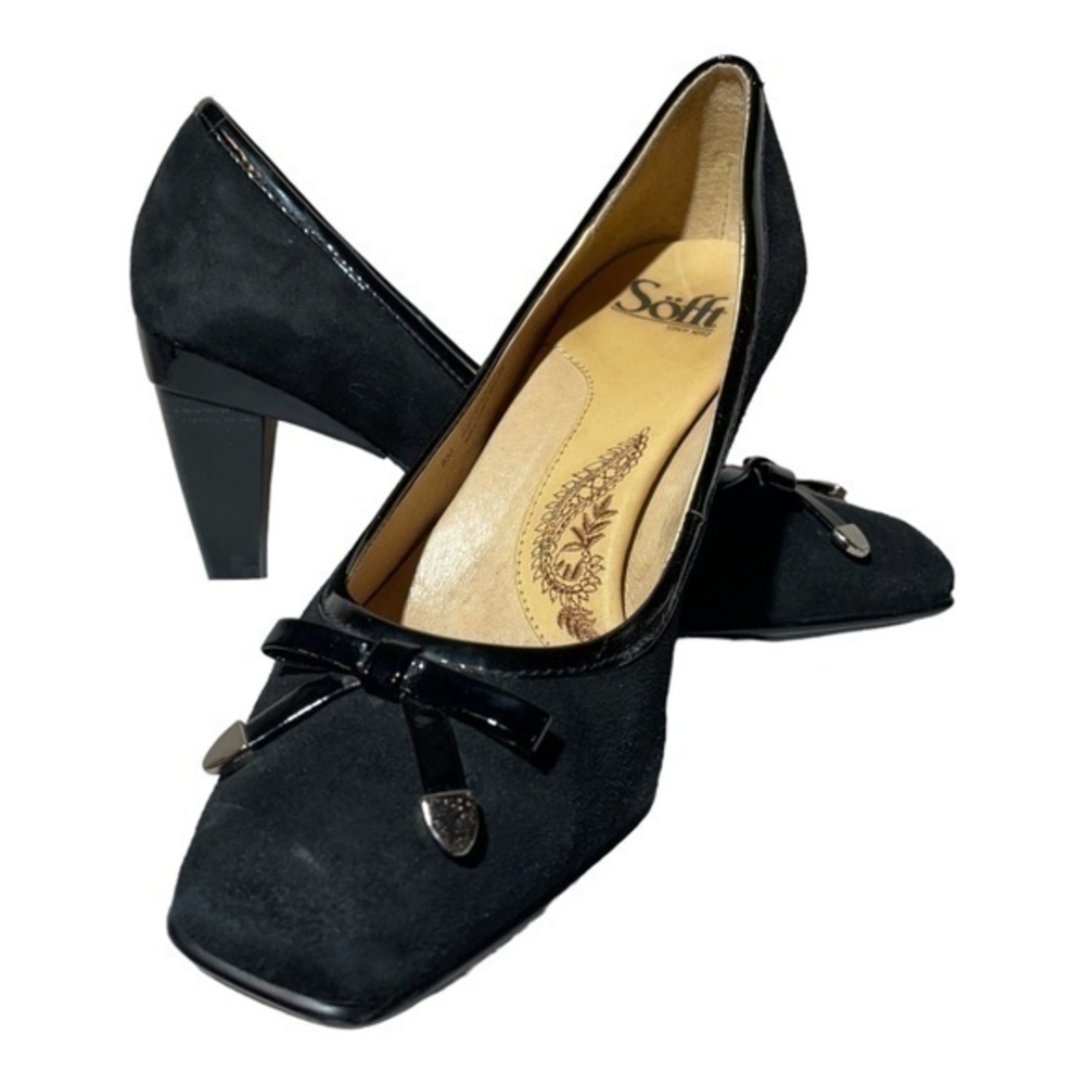 Sofft Leather Suede Heels Pumps Shoes Black Cone Heel Bow Womens Size 8